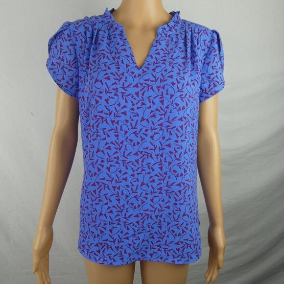 41Hawthorn Floral Blouse Split Neck Short Tulip Sleeve Career Vine Blue Medium - Picture 1 of 11